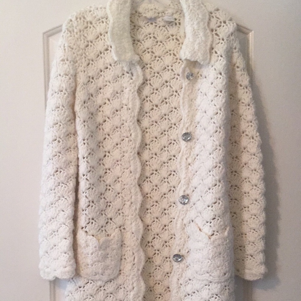 White Knit Knee-Length Coat with Jeweled Buttons